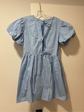 Light Blue Puff Sleeve Mini Dress with Tie-Back